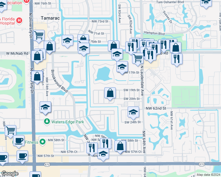 map of restaurants, bars, coffee shops, grocery stores, and more near 8405 Southwest 19th Street in North Lauderdale