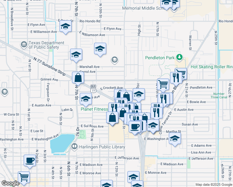 map of restaurants, bars, coffee shops, grocery stores, and more near 1113 East Bowie Avenue in Harlingen