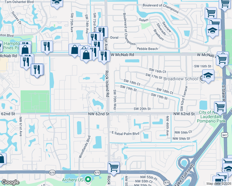 map of restaurants, bars, coffee shops, grocery stores, and more near 6982 Southwest 19th Court in Pompano Beach