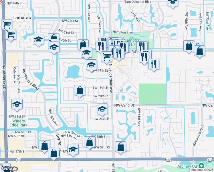 map of restaurants, bars, coffee shops, grocery stores, and more near 8101 Southwest 19th Street in North Lauderdale