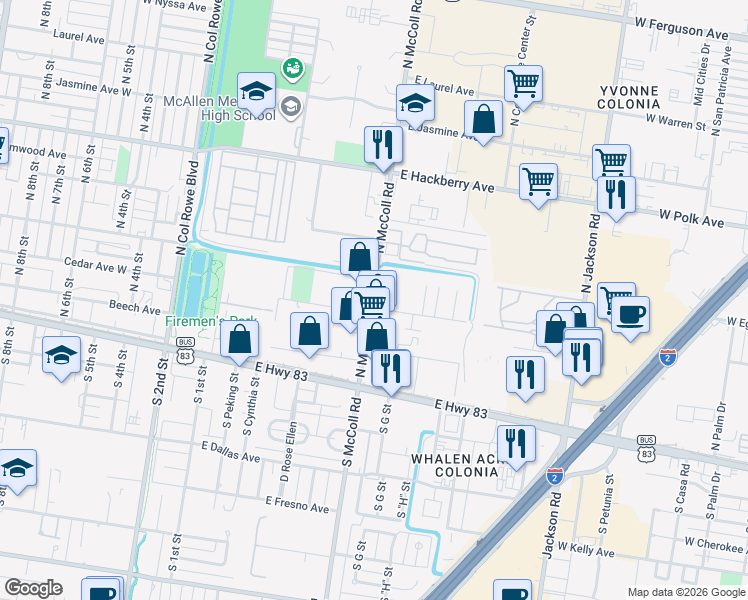 map of restaurants, bars, coffee shops, grocery stores, and more near 100 North McColl Road in McAllen