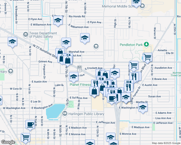 map of restaurants, bars, coffee shops, grocery stores, and more near 1034 North 77 Sunshine Strip in Harlingen