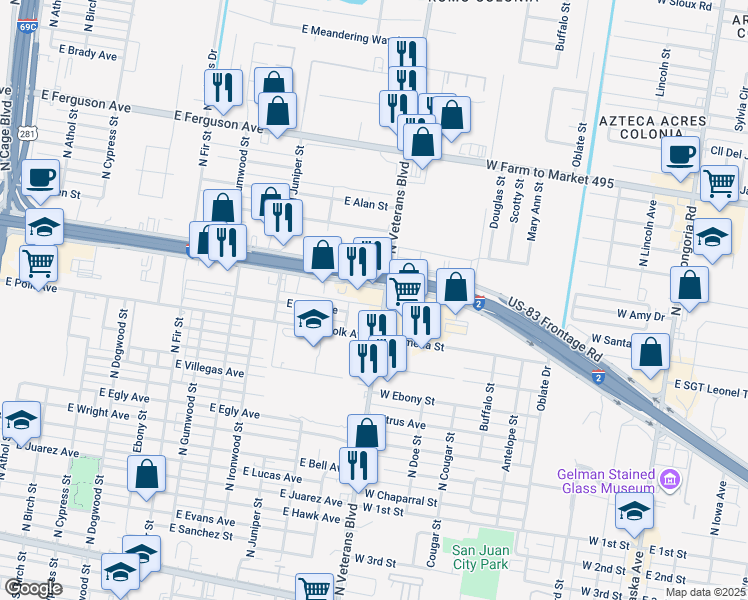 map of restaurants, bars, coffee shops, grocery stores, and more near 1200 East Expressway 83 in Pharr