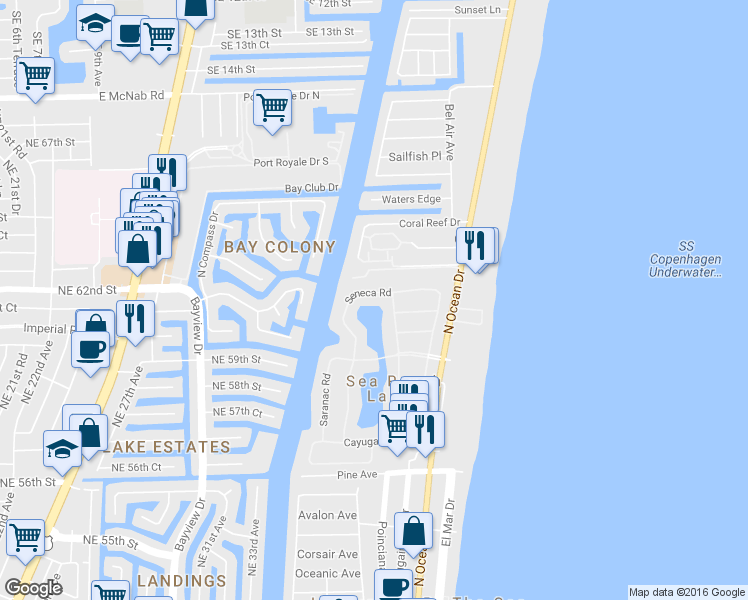 map of restaurants, bars, coffee shops, grocery stores, and more near 17 Seneca Road in Sea Ranch Lakes
