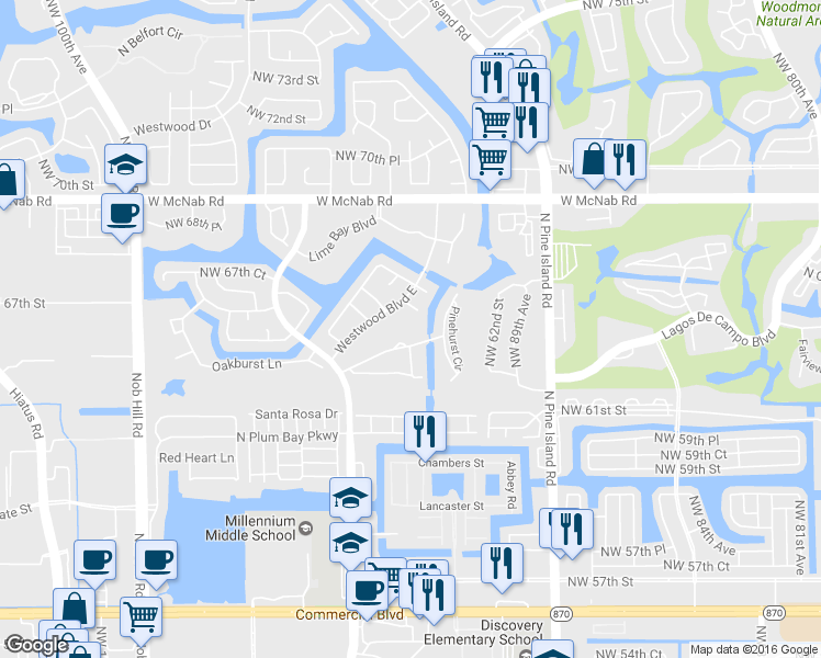 map of restaurants, bars, coffee shops, grocery stores, and more near 9399 64th Court in Tamarac