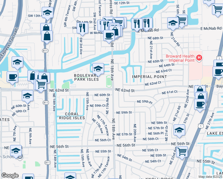 map of restaurants, bars, coffee shops, grocery stores, and more near 6021 Northeast 18th Terrace in Fort Lauderdale
