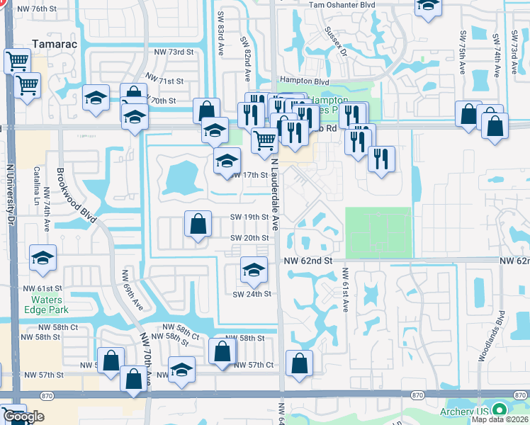 map of restaurants, bars, coffee shops, grocery stores, and more near 8101 Southwest 19th Street in North Lauderdale