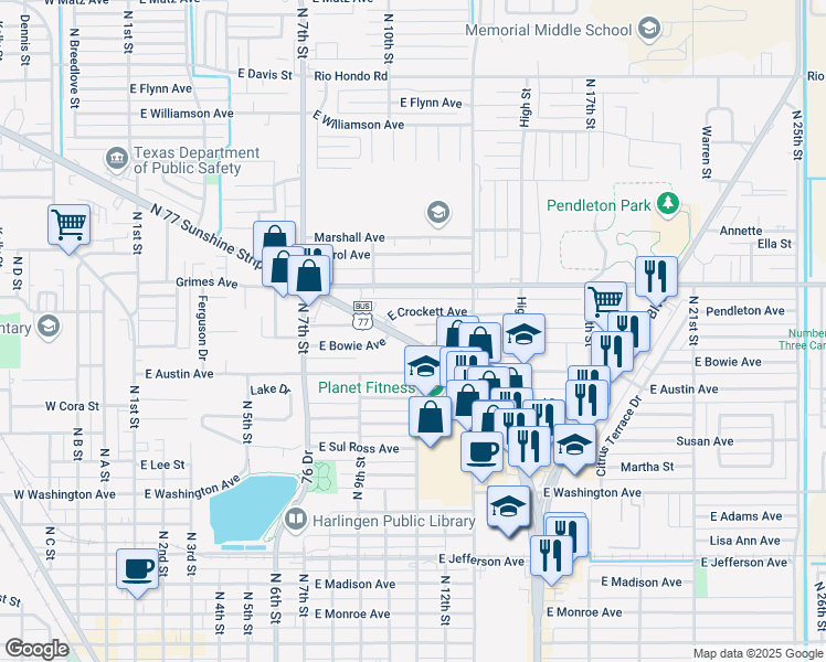 map of restaurants, bars, coffee shops, grocery stores, and more near 1034 North 77 Sunshine Strip in Harlingen