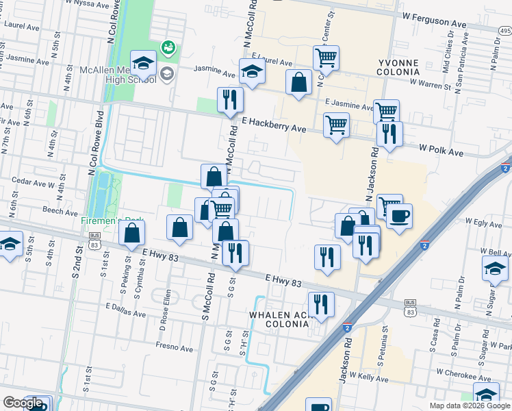 map of restaurants, bars, coffee shops, grocery stores, and more near 801 East Cedar Avenue in McAllen