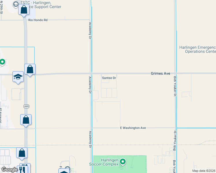 map of restaurants, bars, coffee shops, grocery stores, and more near 4306 Santee in Harlingen