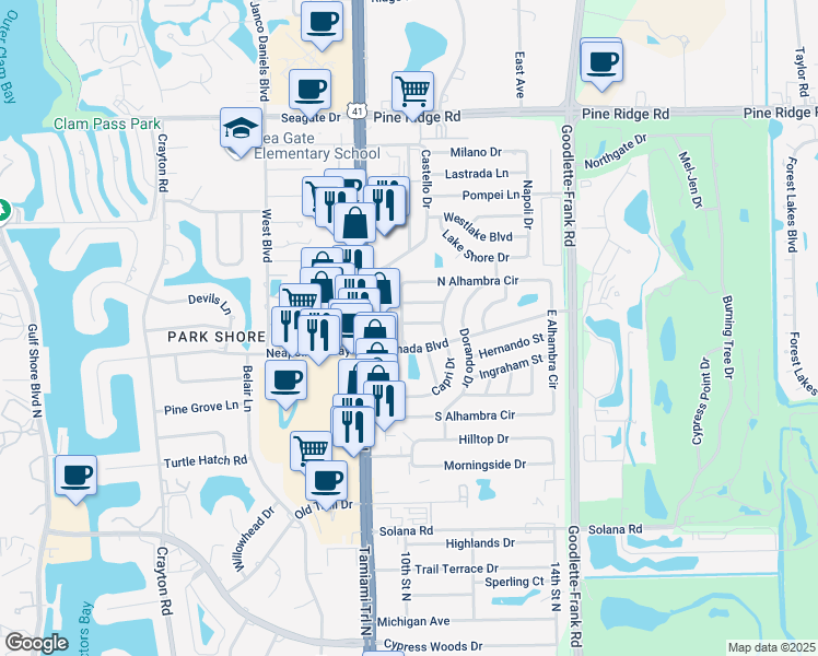 map of restaurants, bars, coffee shops, grocery stores, and more near 1020 Fontana Street in Naples