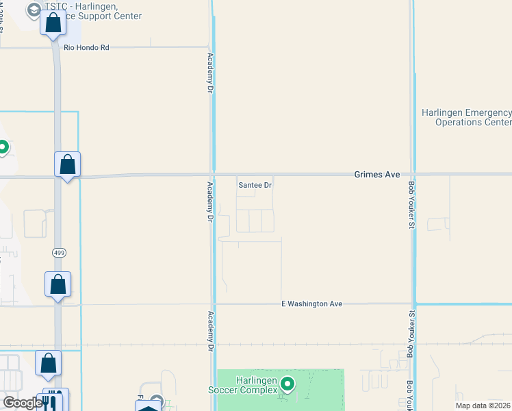 map of restaurants, bars, coffee shops, grocery stores, and more near 3905 East Grimes Street in Harlingen