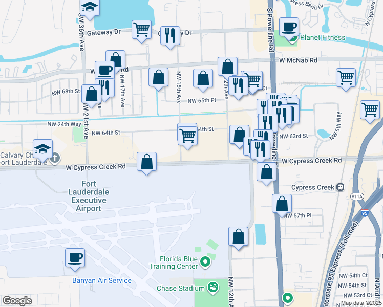 map of restaurants, bars, coffee shops, grocery stores, and more near 1451 West Cypress Creek Road in Fort Lauderdale