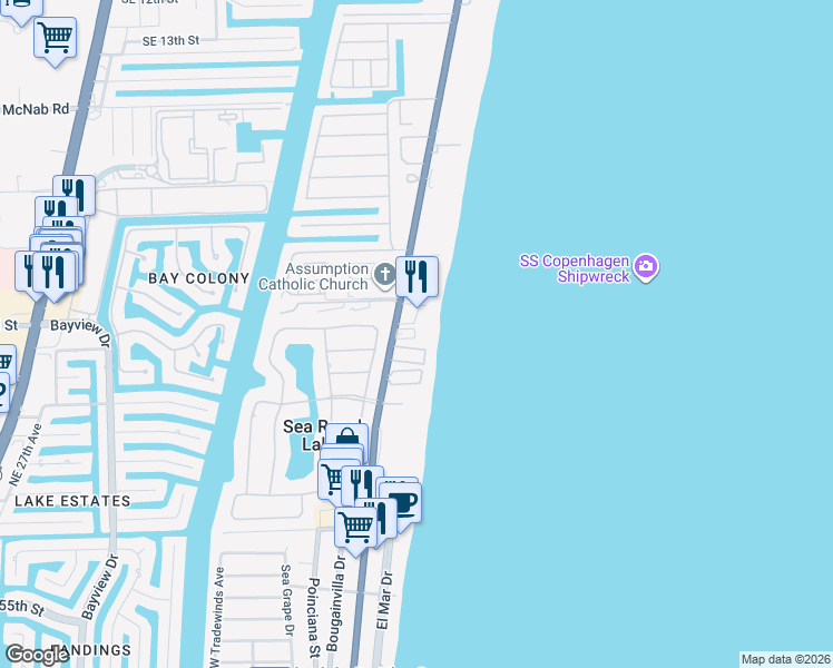 map of restaurants, bars, coffee shops, grocery stores, and more near 5450 North Ocean Boulevard in Lauderdale-by-the-Sea
