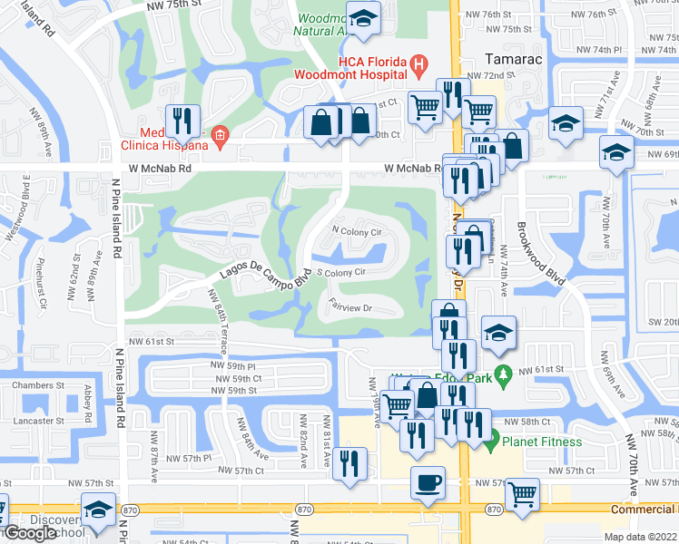 map of restaurants, bars, coffee shops, grocery stores, and more near 8000 Fairview Drive in Tamarac