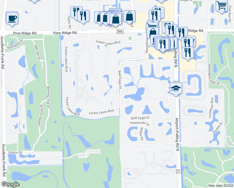 map of restaurants, bars, coffee shops, grocery stores, and more near 1044 Woodshire Lane in Naples