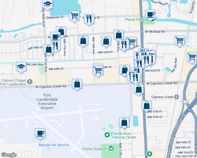 map of restaurants, bars, coffee shops, grocery stores, and more near 1201 West Cypress Creek Road in Fort Lauderdale