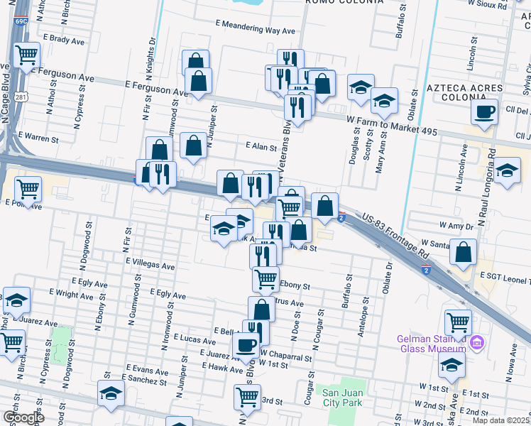 map of restaurants, bars, coffee shops, grocery stores, and more near 1200 E Expy 83 in Pharr