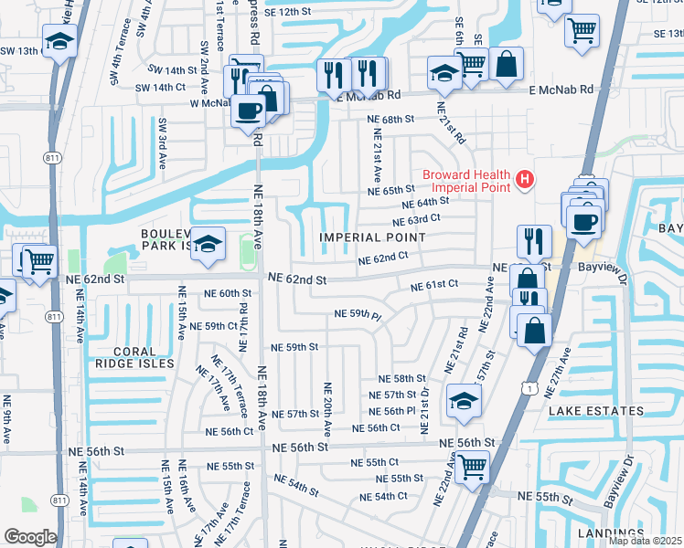 map of restaurants, bars, coffee shops, grocery stores, and more near 2010 East Cypress Creek Road in Fort Lauderdale