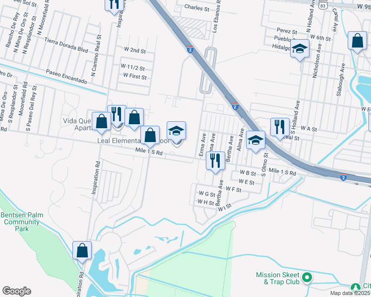 map of restaurants, bars, coffee shops, grocery stores, and more near 318 South Los Ebanos Road in Mission