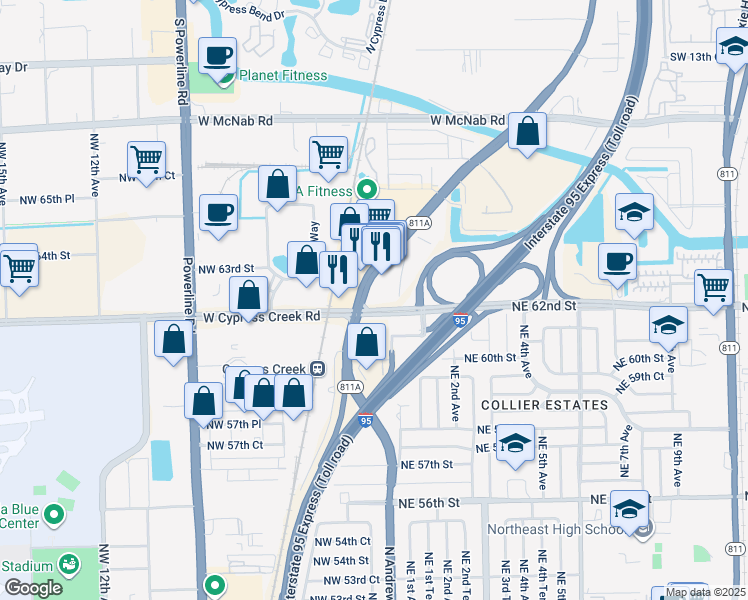 map of restaurants, bars, coffee shops, grocery stores, and more near 6210 North Andrews Avenue in Fort Lauderdale