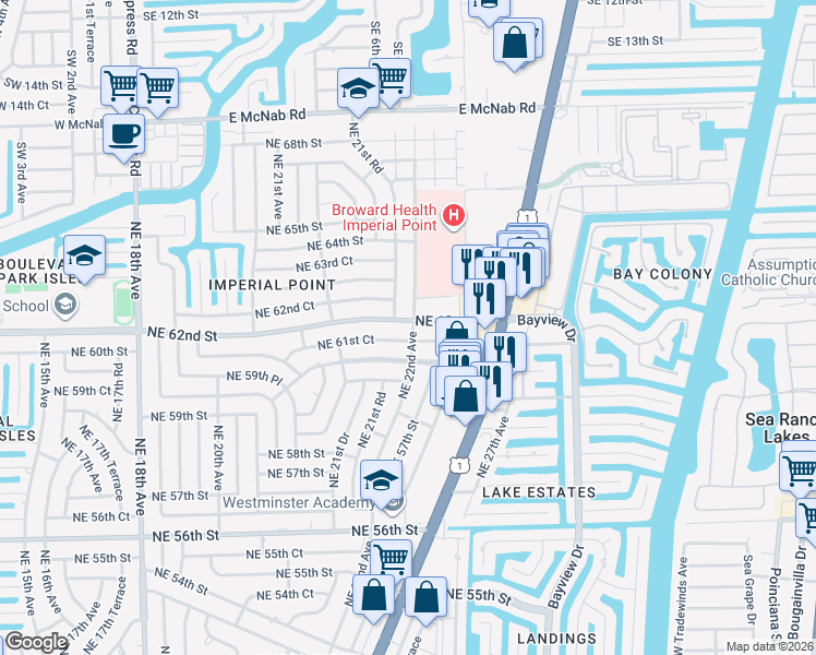 map of restaurants, bars, coffee shops, grocery stores, and more near 2201 Northeast 61st Court in Fort Lauderdale