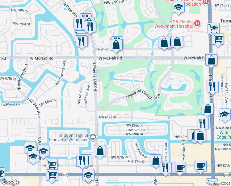 map of restaurants, bars, coffee shops, grocery stores, and more near 8401 Lagos De Campo Boulevard in Tamarac