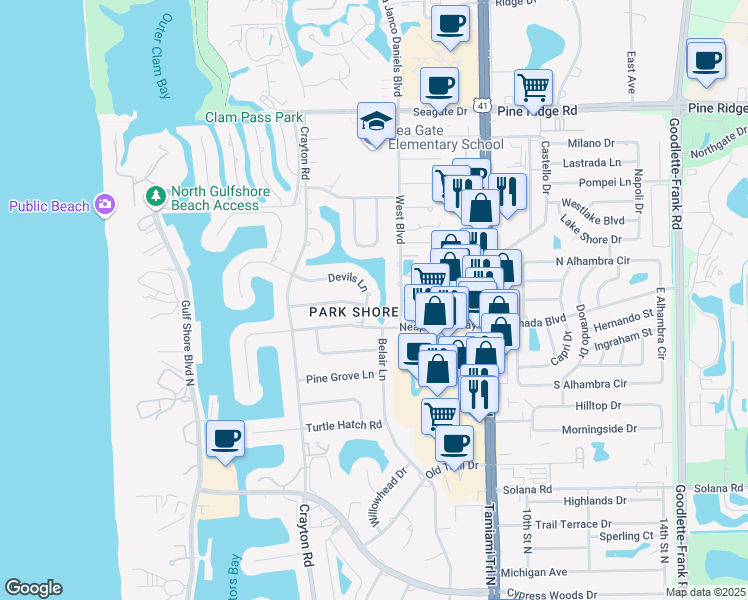 map of restaurants, bars, coffee shops, grocery stores, and more near 567 Devils Lane in Naples