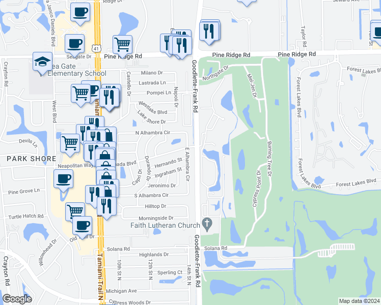 map of restaurants, bars, coffee shops, grocery stores, and more near 4680 East Alhambra Circle in Naples
