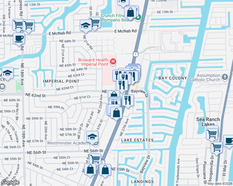map of restaurants, bars, coffee shops, grocery stores, and more near 2271 Northeast 61st Court in Fort Lauderdale