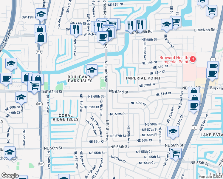 map of restaurants, bars, coffee shops, grocery stores, and more near 6021 Northeast 18th Terrace in Fort Lauderdale