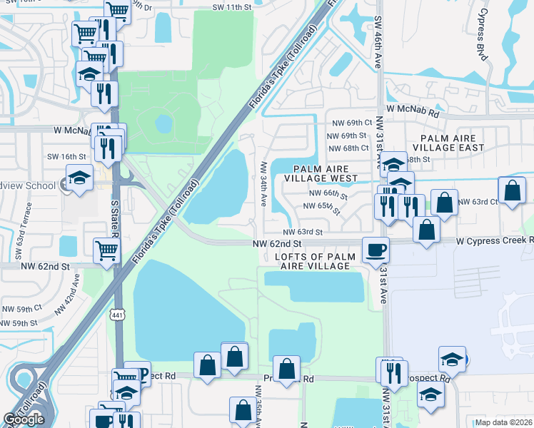 map of restaurants, bars, coffee shops, grocery stores, and more near 3380 Northwest 64th Street in Fort Lauderdale