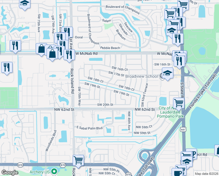 map of restaurants, bars, coffee shops, grocery stores, and more near 6713 Southwest 19th Street in Pompano Beach