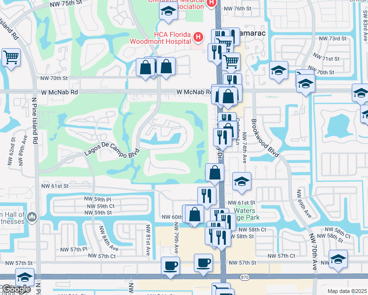 map of restaurants, bars, coffee shops, grocery stores, and more near 7910 North Colony Circle in Tamarac