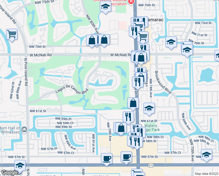 map of restaurants, bars, coffee shops, grocery stores, and more near 7910 North Colony Circle in Tamarac