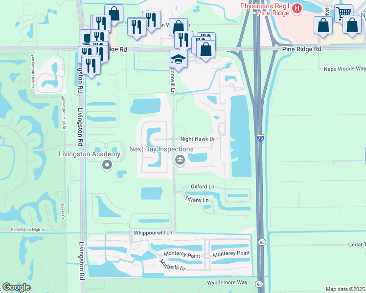 map of restaurants, bars, coffee shops, grocery stores, and more near 1385 Mariposa Circle in Naples