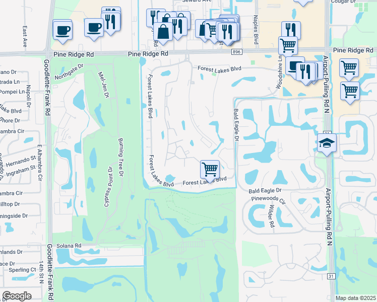 map of restaurants, bars, coffee shops, grocery stores, and more near 1057 Forest Lakes Drive in Naples