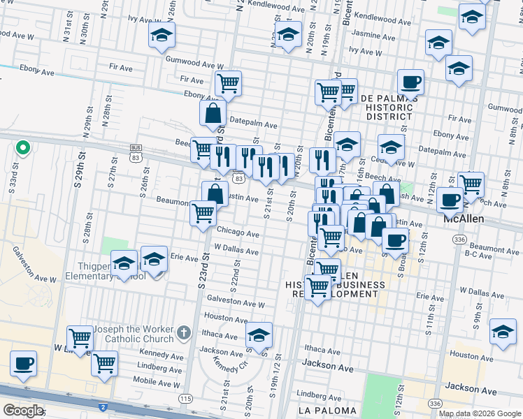 map of restaurants, bars, coffee shops, grocery stores, and more near 2109 Beaumont Avenue in McAllen