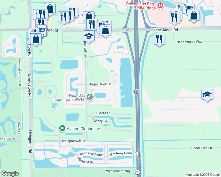 map of restaurants, bars, coffee shops, grocery stores, and more near 1395 Mariposa Circle in Naples