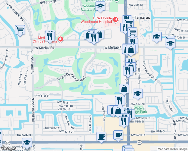 map of restaurants, bars, coffee shops, grocery stores, and more near 8000 Fairview Drive in Tamarac