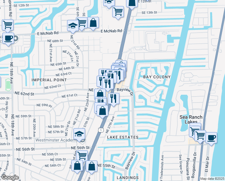 map of restaurants, bars, coffee shops, grocery stores, and more near 6181 North Federal Highway in Fort Lauderdale