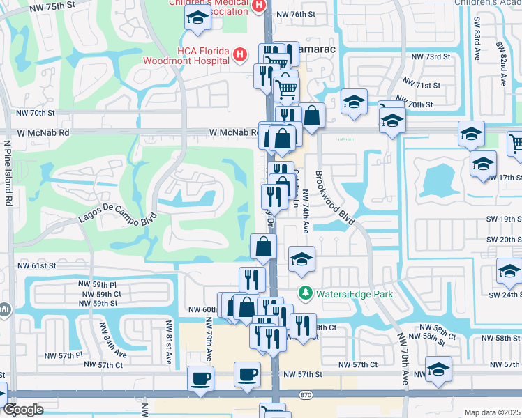 map of restaurants, bars, coffee shops, grocery stores, and more near 6401 North University Drive in Tamarac