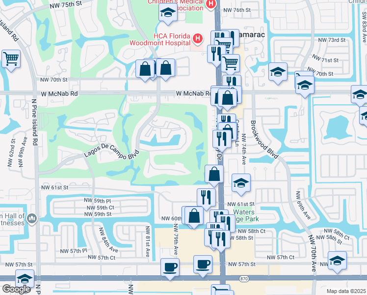 map of restaurants, bars, coffee shops, grocery stores, and more near 7910 North Colony Circle in Tamarac