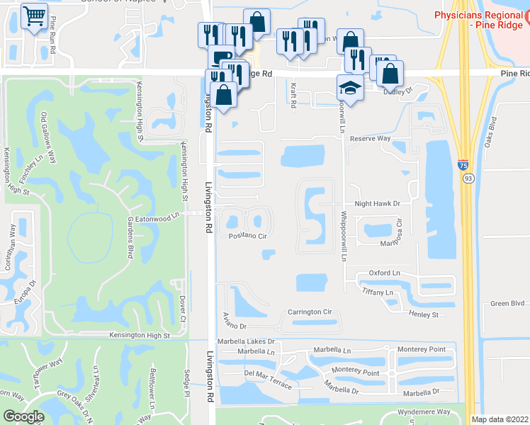 map of restaurants, bars, coffee shops, grocery stores, and more near 12980 Positano Circle in Naples