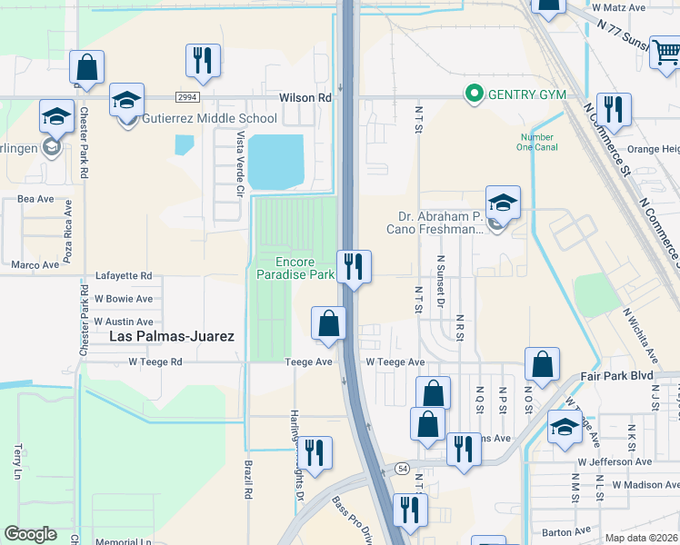 map of restaurants, bars, coffee shops, grocery stores, and more near 1201 U.S. 77 Frontage Road in Harlingen