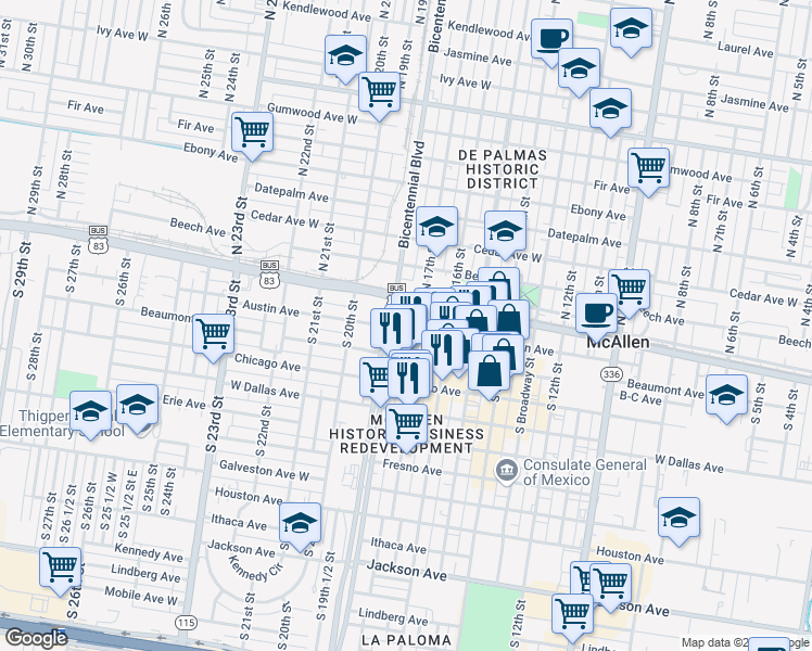 map of restaurants, bars, coffee shops, grocery stores, and more near 1701 U.S. 83 Business in McAllen
