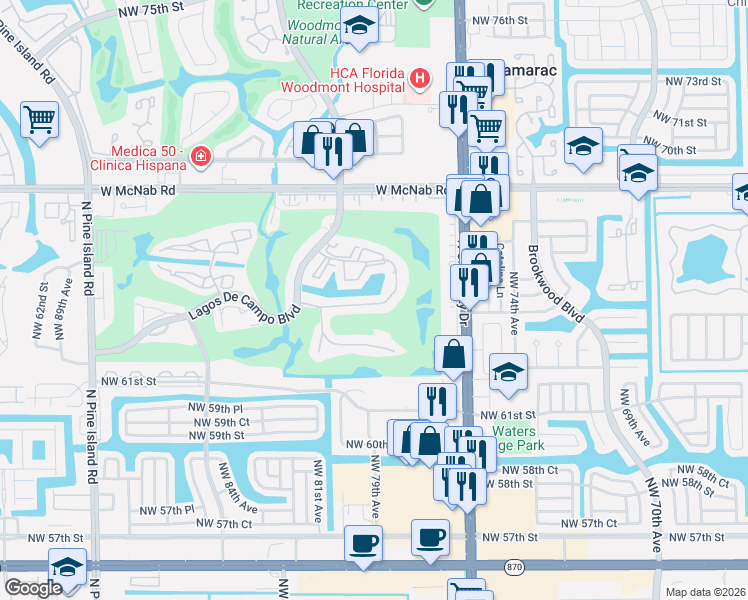 map of restaurants, bars, coffee shops, grocery stores, and more near 7910 North Colony Circle in Tamarac