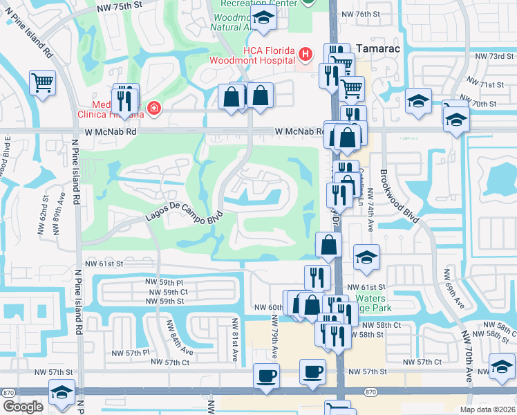map of restaurants, bars, coffee shops, grocery stores, and more near 8000 Fairview Drive in Tamarac