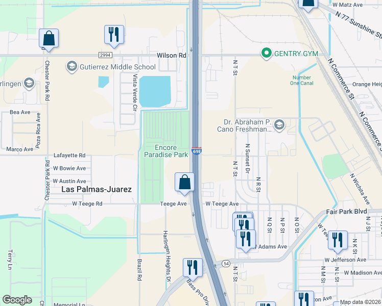 map of restaurants, bars, coffee shops, grocery stores, and more near 1201 U.S. 77 Frontage Road in Harlingen