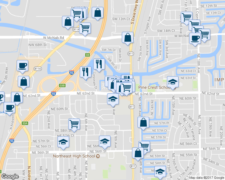 map of restaurants, bars, coffee shops, grocery stores, and more near 6217 Northeast 9th Avenue in Fort Lauderdale